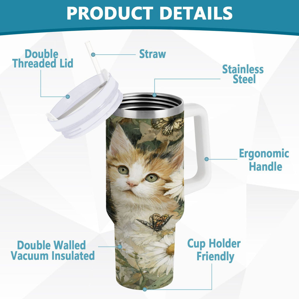 30 oz Insulated Stainless Steel Tumbler Double Wall Stainless Steel Tumbler with 2-Way Drinking Adorable Cats and Daisies - Pick 827