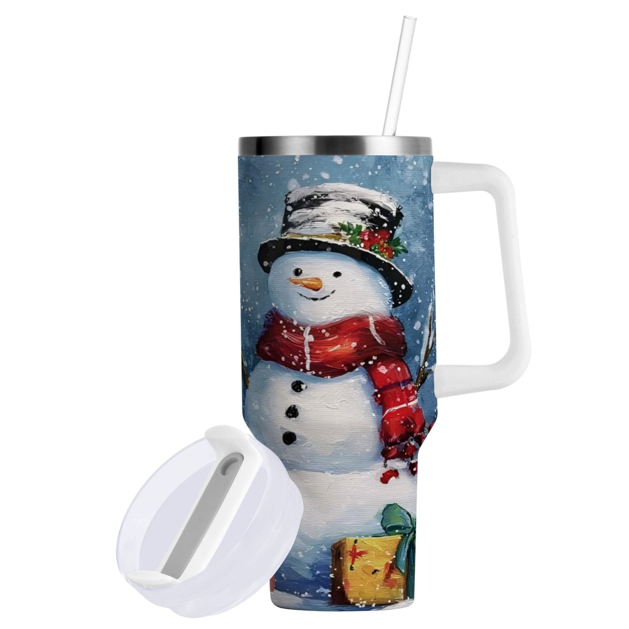 30 oz Insulated Stainless Steel Tumbler Double Wall Stainless Steel Tumbler with 2-Way Drinking Christmas Scene with Snowman - Pick 310