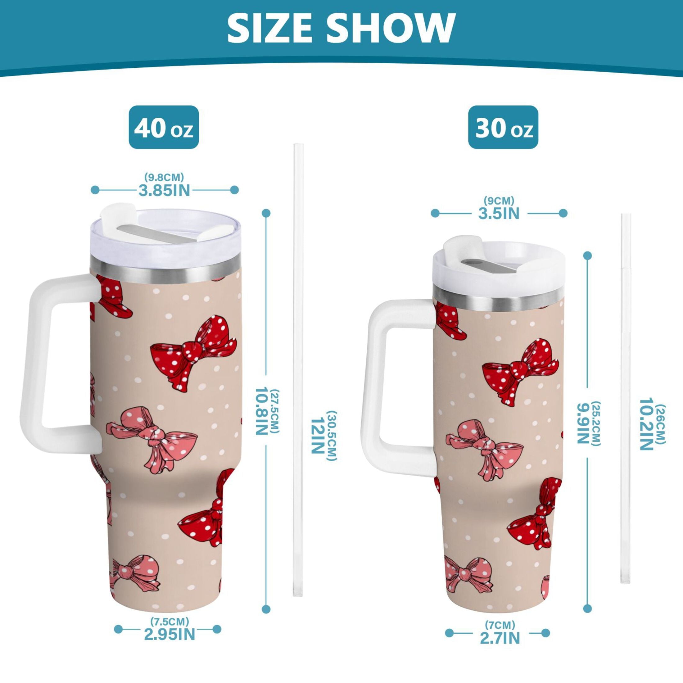 30 oz Insulated Stainless Steel Tumbler Double Wall Stainless Steel Tumbler with 2-Way Drinking Cute Red Bows Pattern - Pick 205