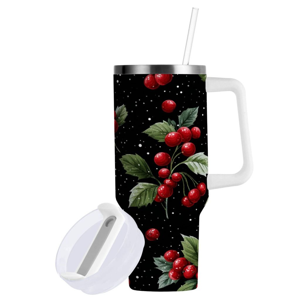 40 oz Insulated Stainless Steel Tumbler Double Wall Stainless Steel Tumbler with 2-Way Drinking Red Holly Berries Pattern - Pick 403