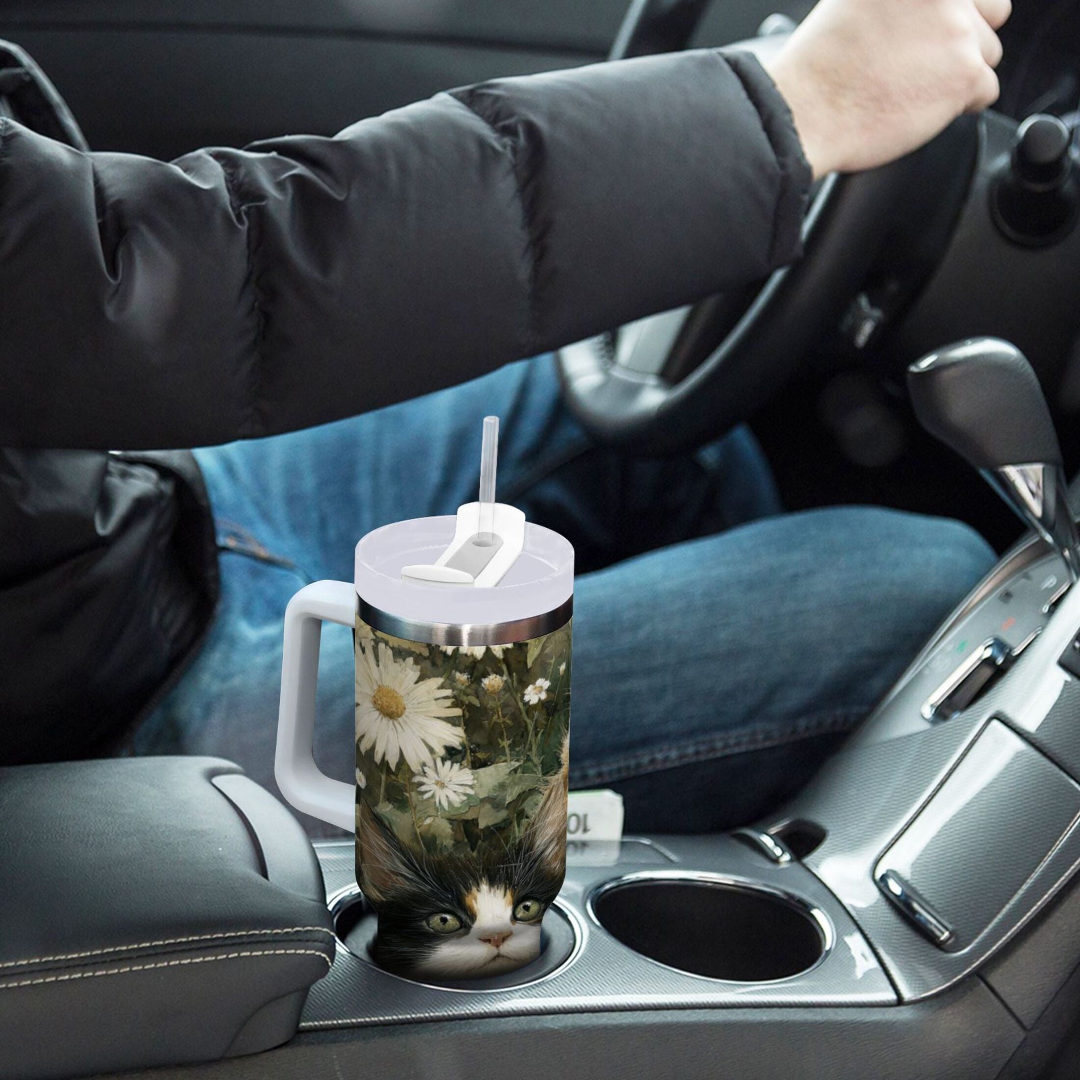 30 oz Insulated Stainless Steel Tumbler Double Wall Stainless Steel Tumbler with 2-Way Drinking Adorable Cats and Daisies - Pick 827