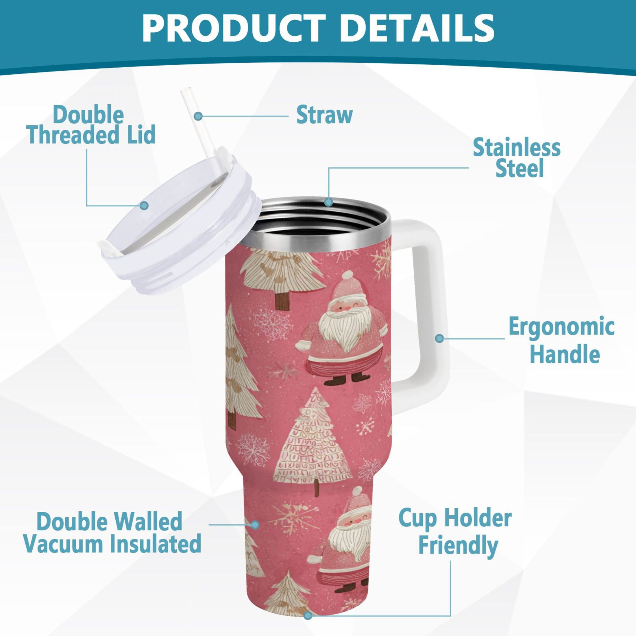40 oz Insulated Stainless Steel Tumbler Double Wall Stainless Steel Tumbler with 2-Way Drinking Pink Santa Claus Pattern - Pick 638