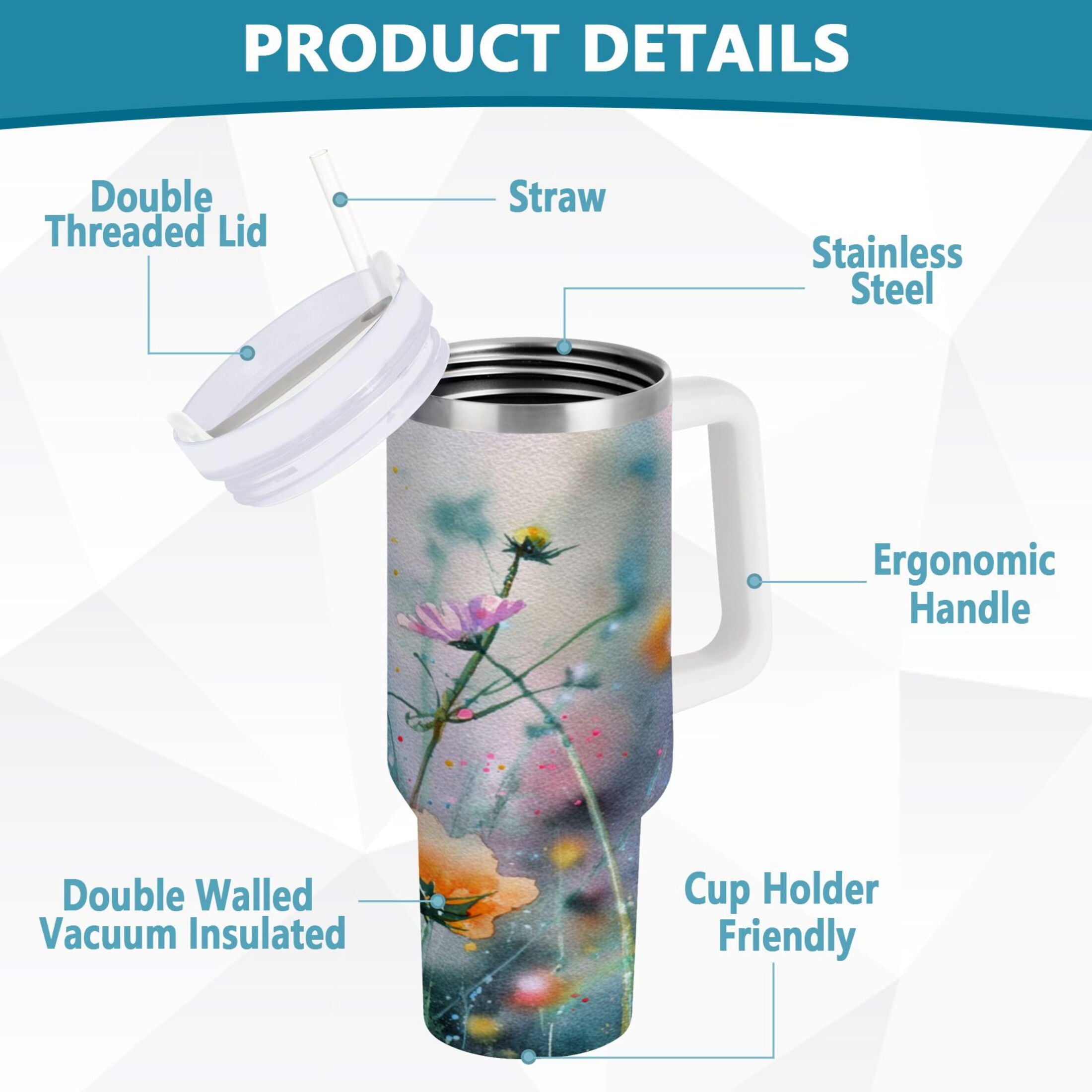 40 oz Insulated Stainless Steel Tumbler Double Wall Stainless Steel Tumbler with 2-Way Drinking Abstract Wildflowers - Pick 724