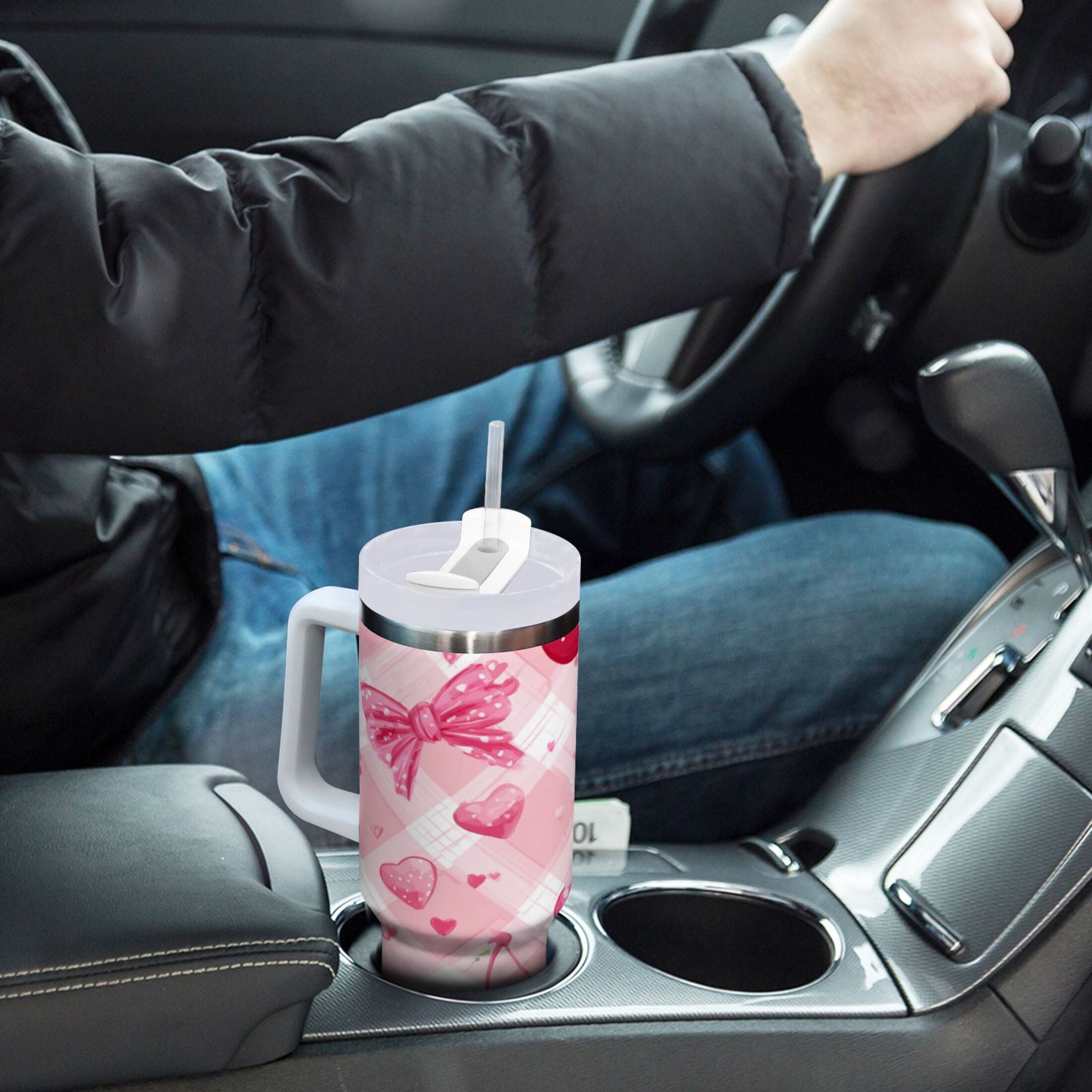 30 oz Insulated Stainless Steel Tumbler Double Wall Stainless Steel Tumbler with 2-Way Drinking Cherry and Pink Bow Pattern - Pick 760