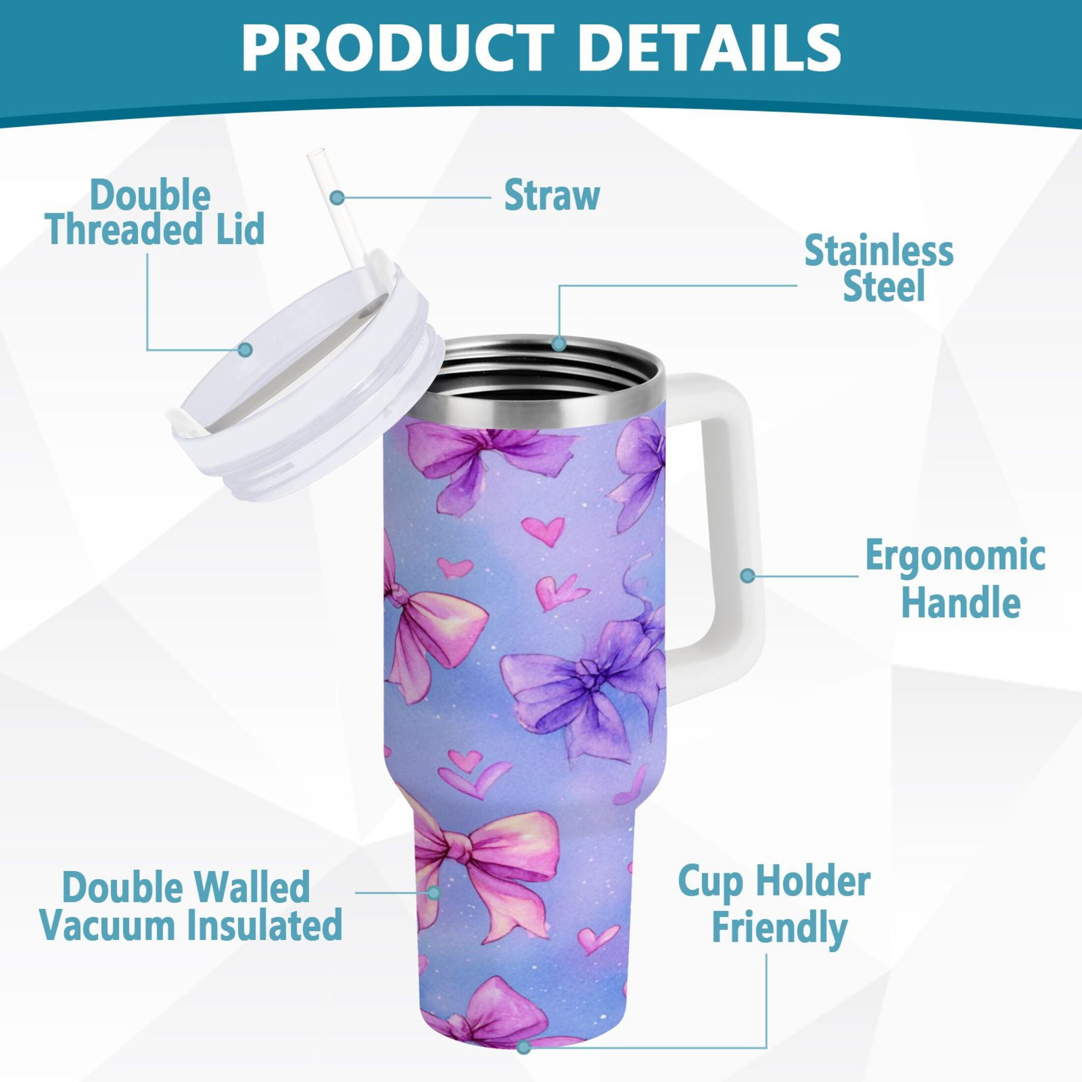 30 oz Insulated Stainless Steel Tumbler Double Wall Stainless Steel Tumbler with 2-Way Drinking Watercolor Bows Pattern - Pick 805