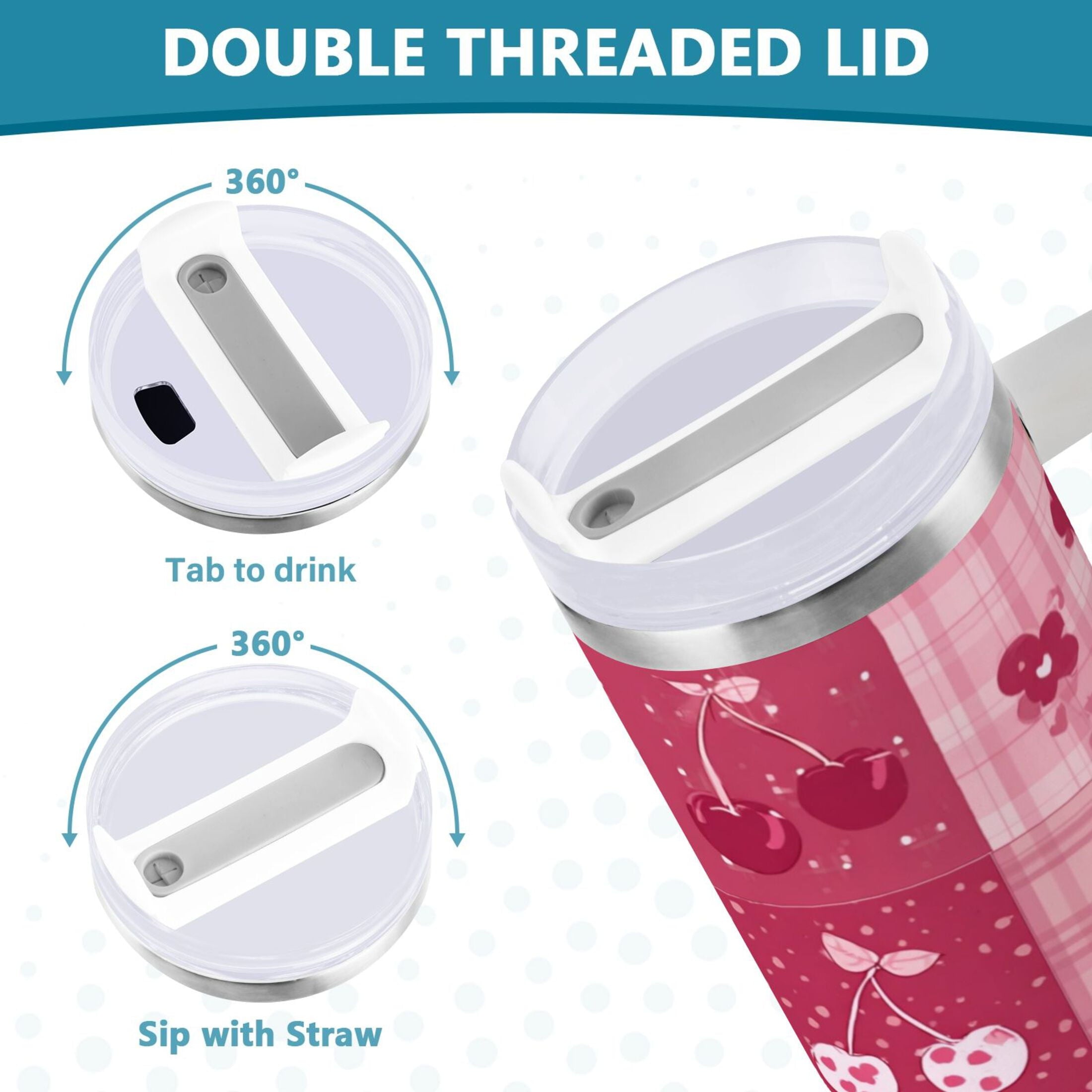 30 oz Insulated Stainless Steel Tumbler Double Wall Stainless Steel Tumbler with 2-Way Drinking Cherry Pattern with Bows - Pick 766