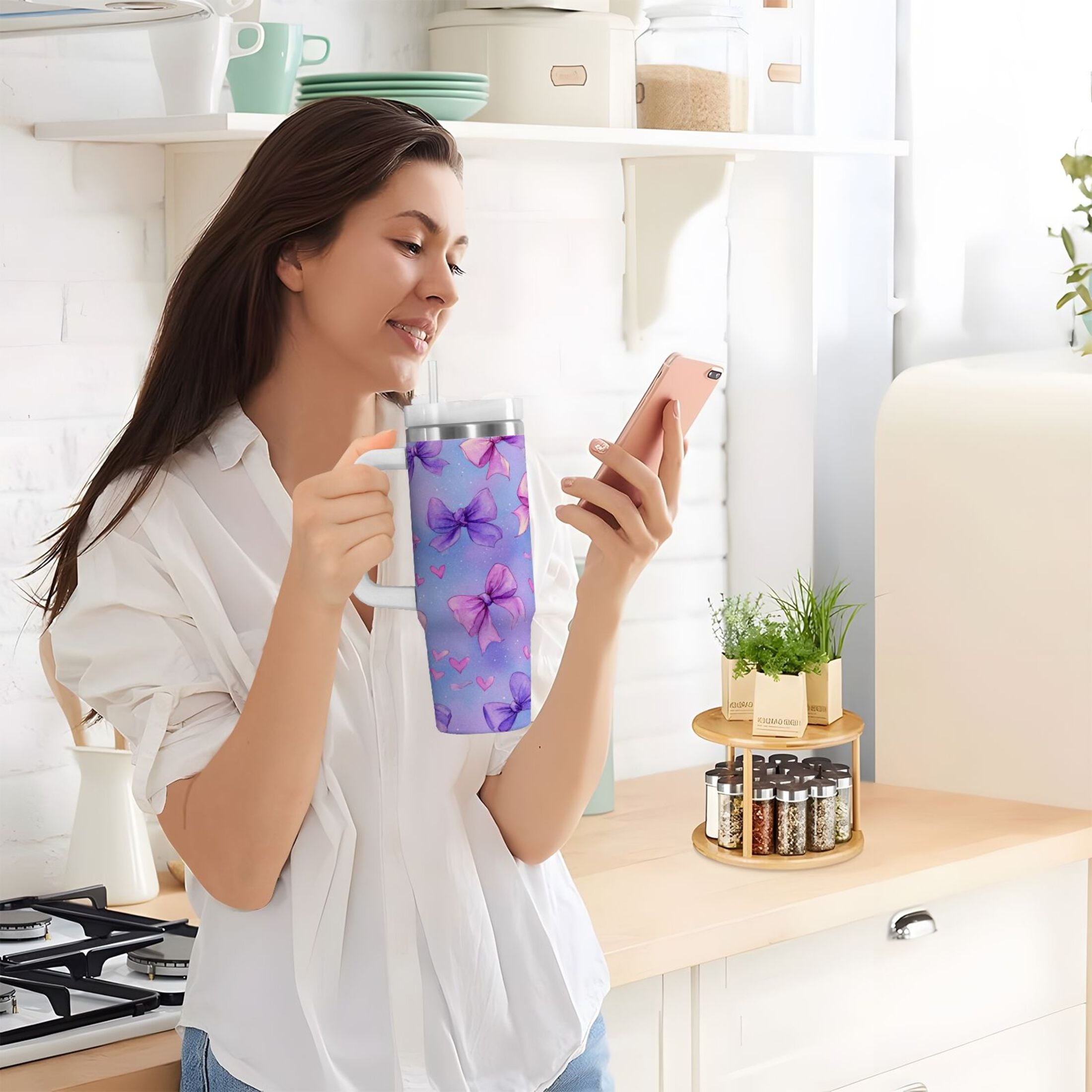 30 oz Insulated Stainless Steel Tumbler Double Wall Stainless Steel Tumbler with 2-Way Drinking Watercolor Bows Pattern - Pick 805