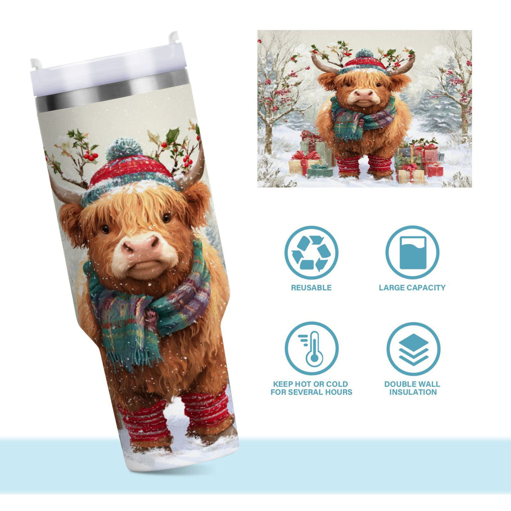 30 oz Insulated Stainless Steel Tumbler Double Wall Stainless Steel Tumbler with 2-Way Drinking Cow Wearing Christmas Hat - Pick 808