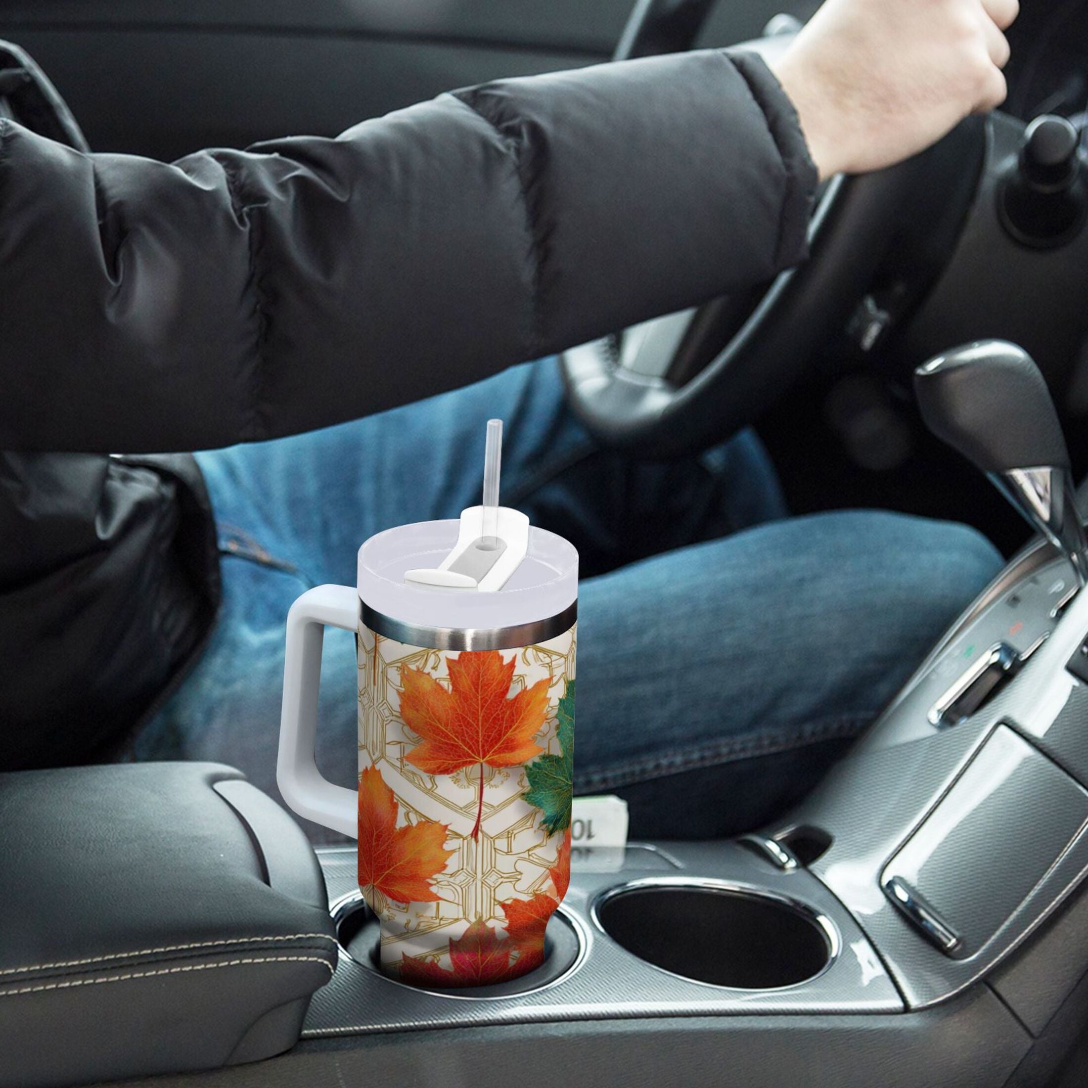 30 oz Insulated Stainless Steel Tumbler Double Wall Stainless Steel Tumbler with 2-Way Drinking Green and Red Maple Leaves - Pick 120