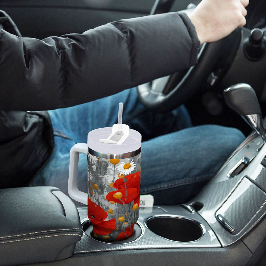 40 oz Insulated Stainless Steel Tumbler Double Wall Stainless Steel Tumbler with 2-Way Drinking Red Flowers and Daisies - Pick 577