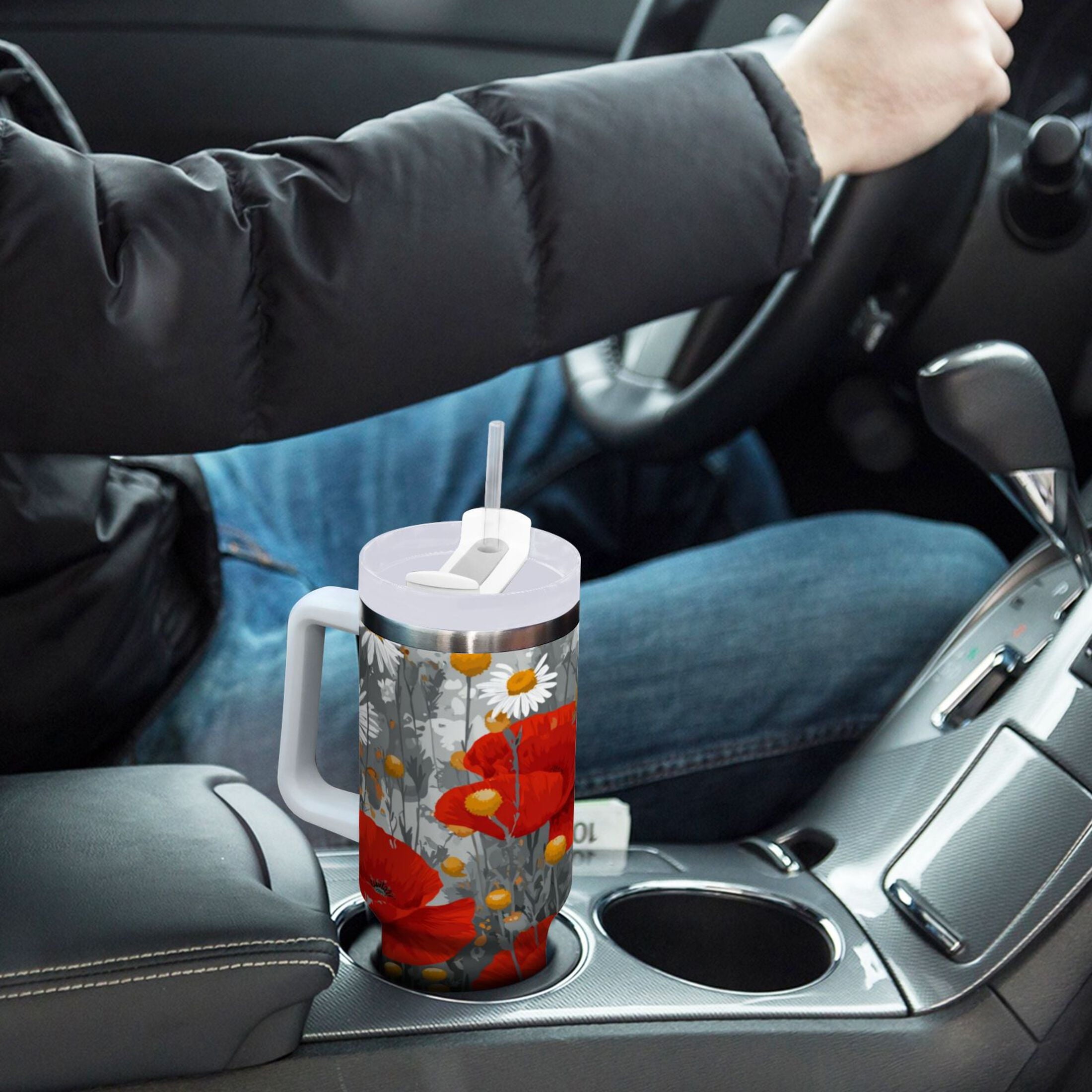 40 oz Insulated Stainless Steel Tumbler Double Wall Stainless Steel Tumbler with 2-Way Drinking Red Flowers and Daisies - Pick 577