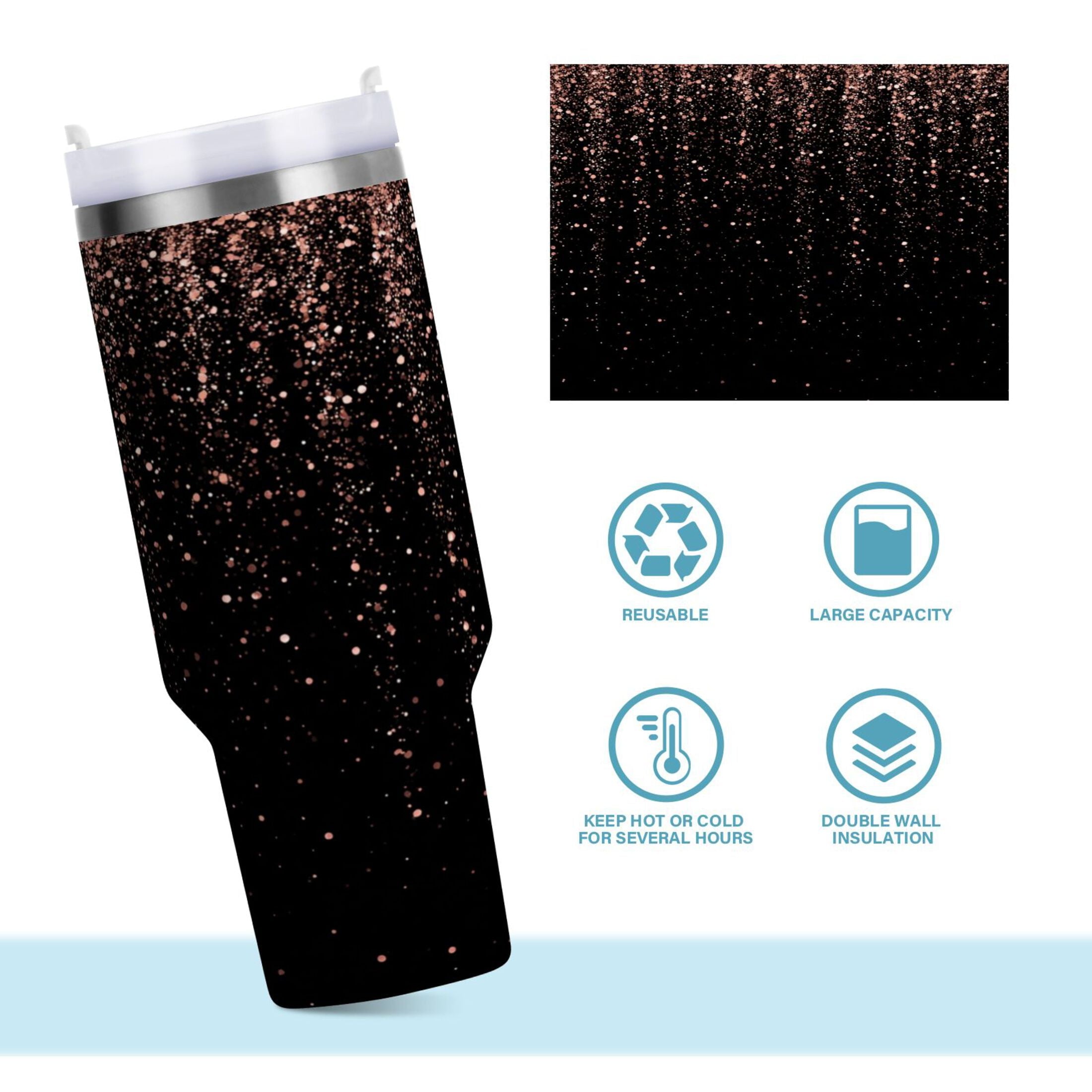 40 oz Insulated Stainless Steel Tumbler Double Wall Stainless Steel Tumbler with 2-Way Drinking Rose Gold Glitter - Pick 962